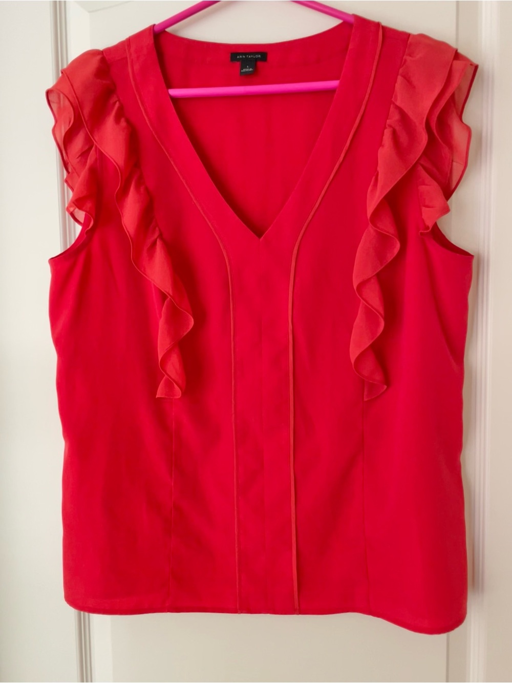 Ann Taylor Bright Red Ruffle V-Neck Sleeveless Blouse